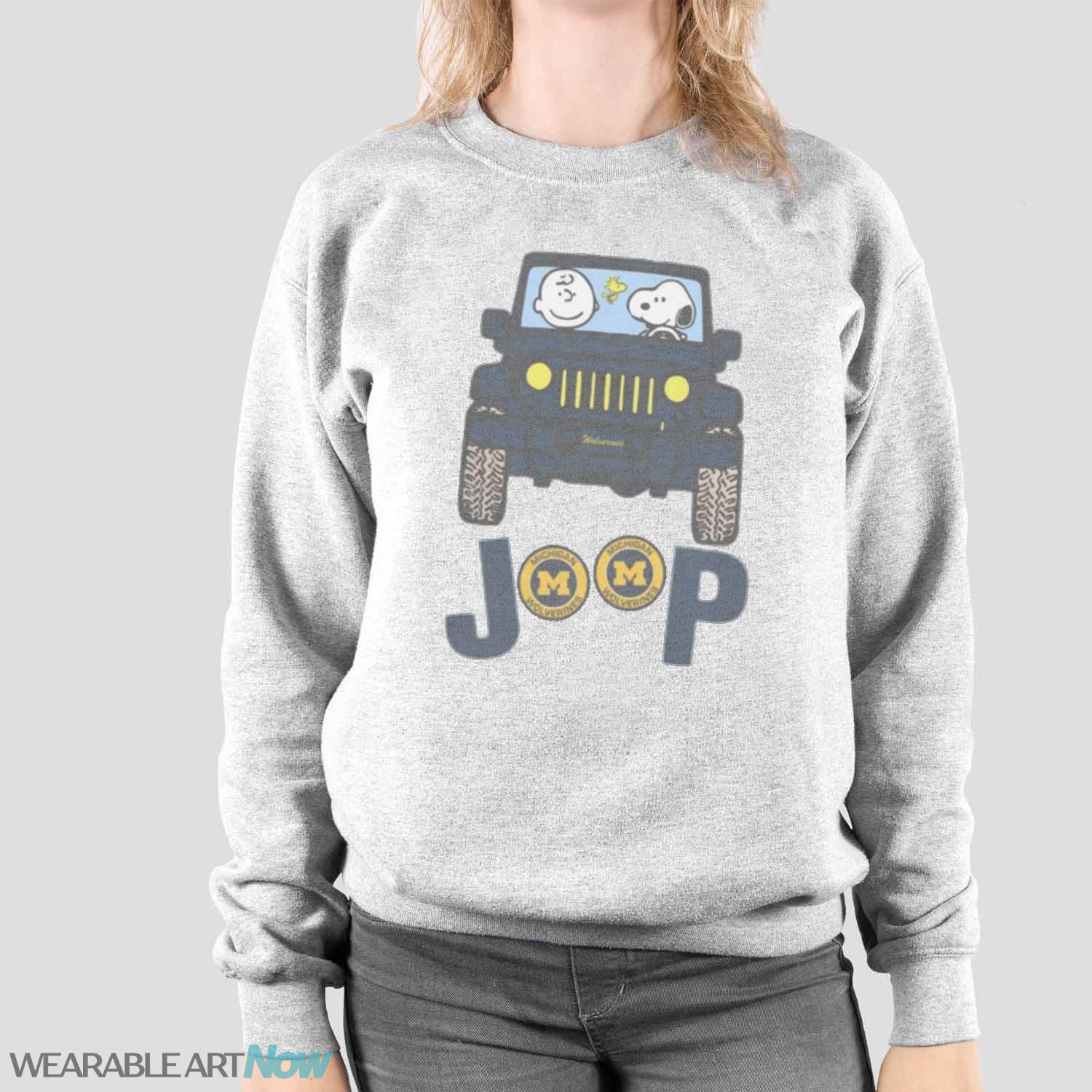 Michigan Wolverines Snoopy And Charlie Brown Driving Jeep T-Shirt Hoodie Sweatshirt - Sport Grey Sweatshirt