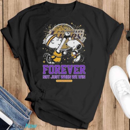 Peanuts Snoopy X Charlie Brown High Five Los Angeles Lakers Forever Not Just When We Win 2024 Shirt - Black T-Shirt