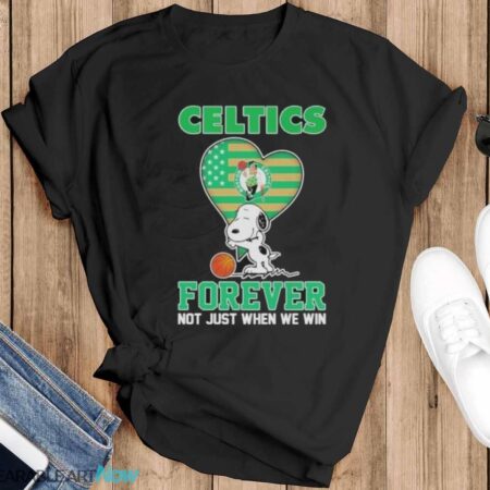 Snoopy Hug Boston Celtics Forever Not Just When We Win Shirt - Black T-Shirt