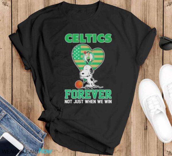 Snoopy Hug Boston Celtics Forever Not Just When We Win Shirt - Black T-Shirt