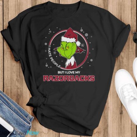 Christmas Grinch Santa I Hate People But I Love My Arkansas Razorbacks - Black T-Shirt