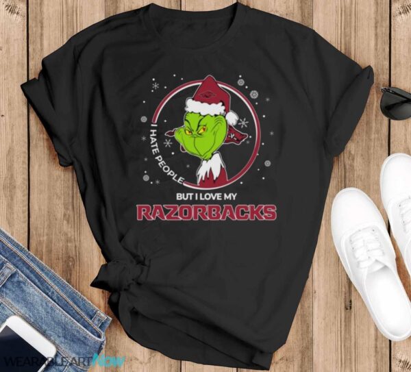 Christmas Grinch Santa I Hate People But I Love My Arkansas Razorbacks - Black T-Shirt