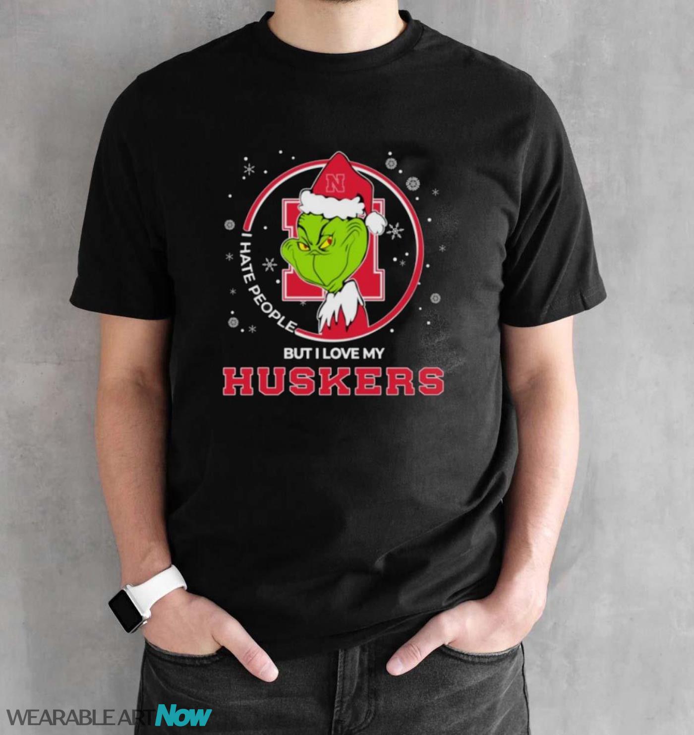 Christmas Grinch Santa I Hate People But I Love My Nebraska Cornhuskers Shirt - Black Unisex T-Shirt