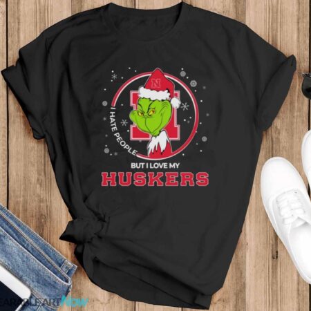 Christmas Grinch Santa I Hate People But I Love My Nebraska Cornhuskers Shirt - Black T-Shirt