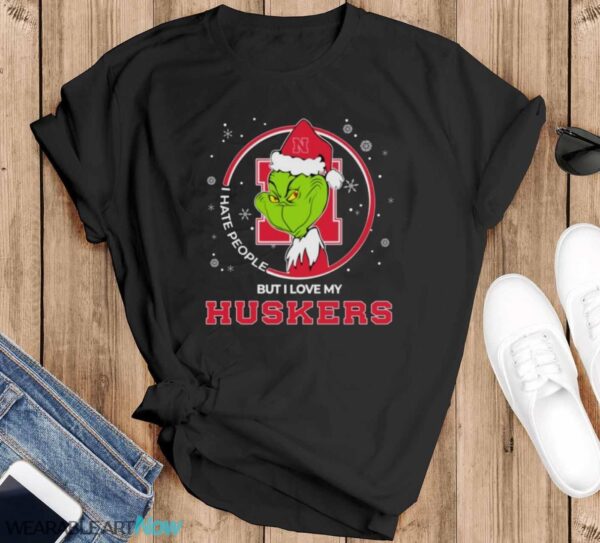 Christmas Grinch Santa I Hate People But I Love My Nebraska Cornhuskers Shirt - Black T-Shirt