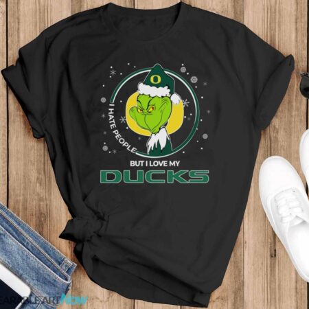 Christmas Grinch Santa I Hate People But I Love My Oregon Ducks Shirt - Black T-Shirt