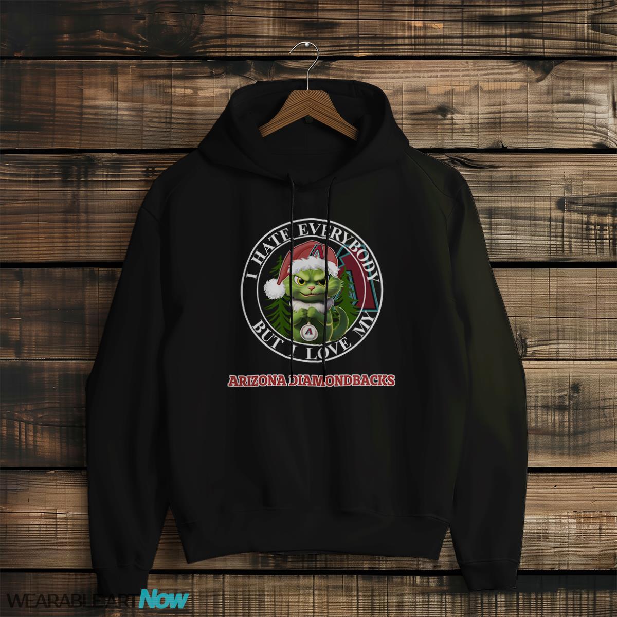 Green Cat With Santa Hat I Hate Everybody But I Love Arizona Diamondbacks Christmas T-shirt - Black Hoodie