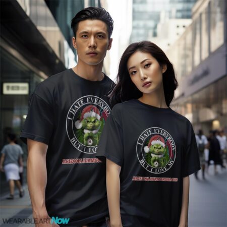 Green Cat With Santa Hat I Hate Everybody But I Love Arizona Diamondbacks Christmas T-shirt - Black Couple White T-Shirt