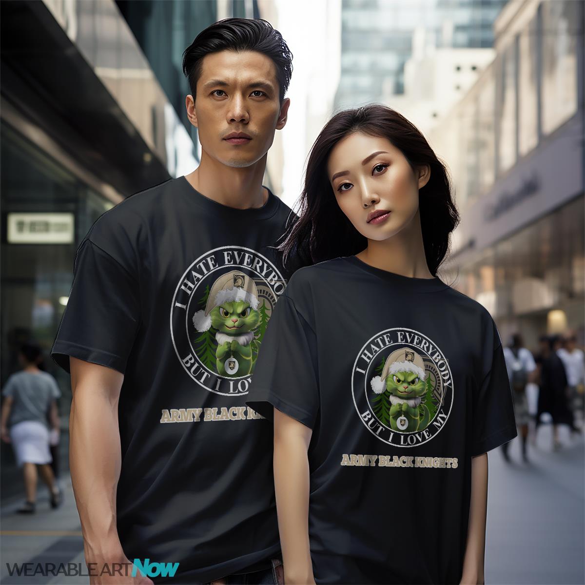 Green Cat With Santa Hat I Hate Everybody But I Love Army Black Knights Christmas T-shirt - Black Couple White T-Shirt