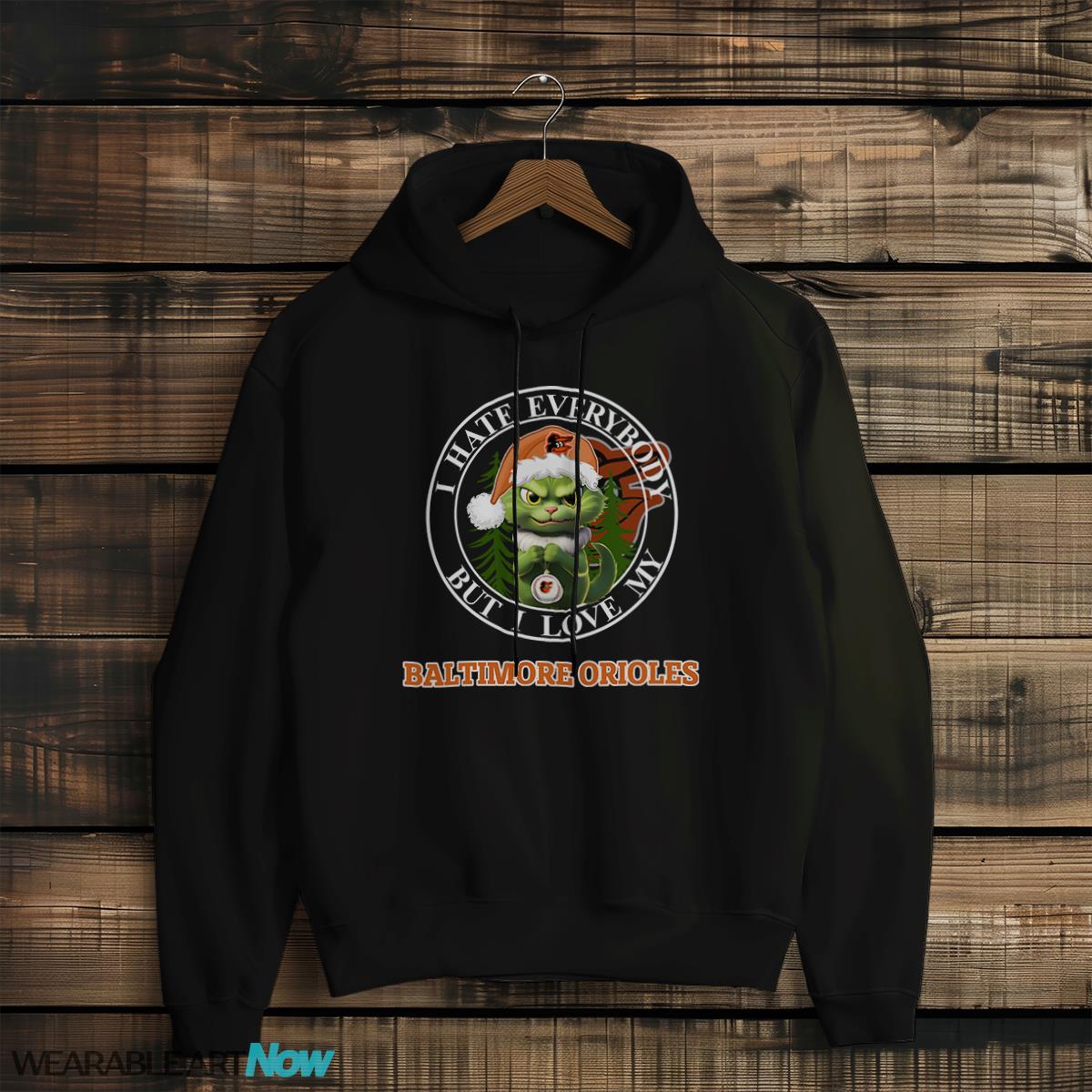 Green Cat With Santa Hat I Hate Everybody But I Love Baltimore Orioles Christmas T-shirt - Black Hoodie