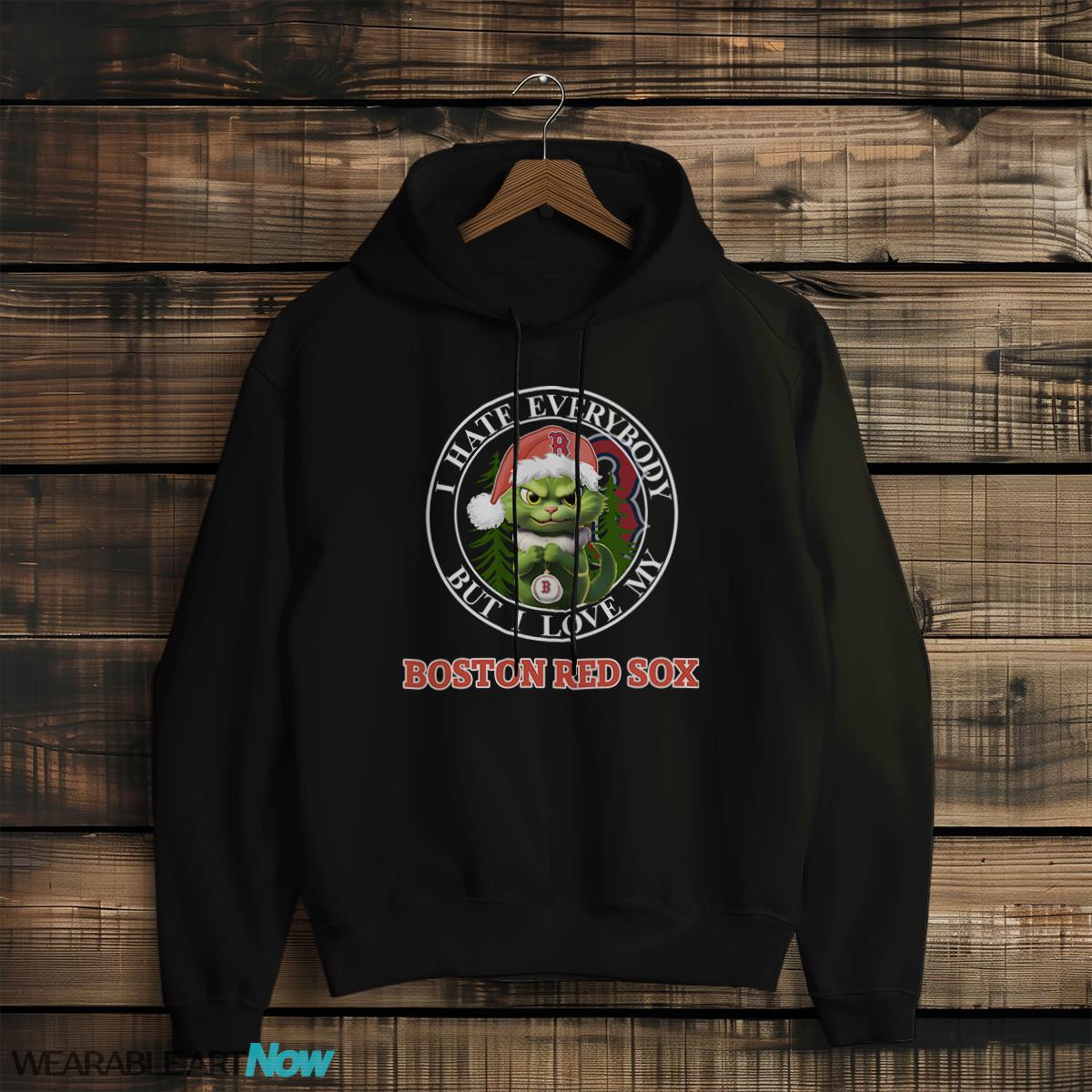 Green Cat With Santa Hat I Hate Everybody But I Love Boston Red Sox Christmas T-shirt - Black Hoodie