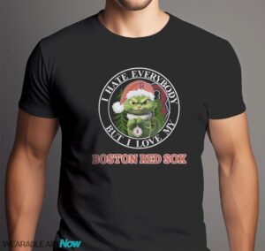 Green Cat With Santa Hat I Hate Everybody But I Love Boston Red Sox Christmas T-shirt - Men Black T-Shirt