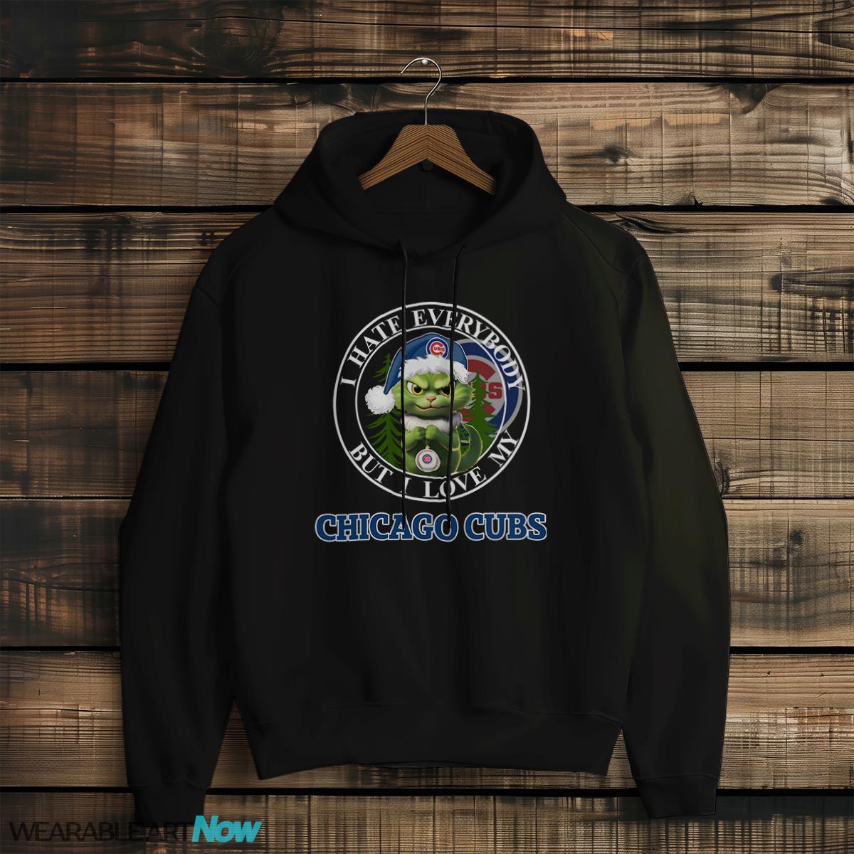 Green Cat With Santa Hat I Hate Everybody But I Love Chicago Cubs Christmas T-shirt - Black Hoodie