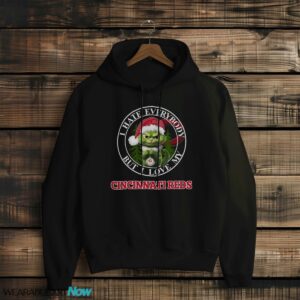 Green Cat With Santa Hat I Hate Everybody But I Love Cincinnati Reds Christmas T-shirt - Black Hoodie