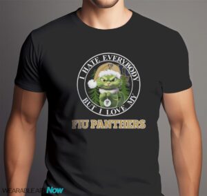 Green Cat With Santa Hat I Hate Everybody But I Love FIU Panthers Christmas T-shirt - Men Black T-Shirt