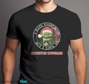 Green Cat With Santa Hat I Hate Everybody But I Love Houston Cougars Christmas T-shirt - Men Black T-Shirt