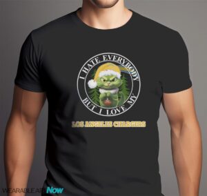 Green Cat With Santa Hat I Hate Everybody But I Love Los Angeles Chargers Christmas T-shirt - Men Black T-Shirt