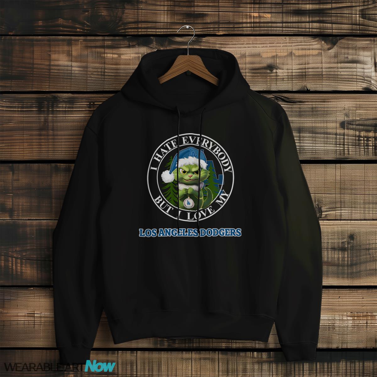 Green Cat With Santa Hat I Hate Everybody But I Love Los Angeles Dodgers Christmas T-shirt - Black Hoodie