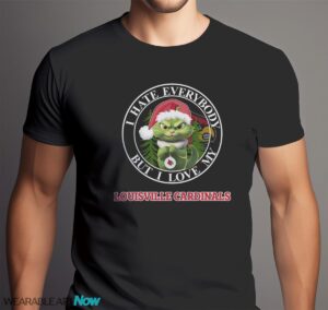 Green Cat With Santa Hat I Hate Everybody But I Love Louisville Cardinals Christmas T-shirt - Men Black T-Shirt