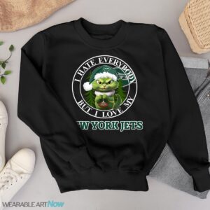 Green Cat With Santa Hat I Hate Everybody But I Love New York Jets Christmas T-shirt - Black Sweatshirt