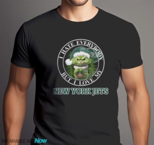 Green Cat With Santa Hat I Hate Everybody But I Love New York Jets Christmas T-shirt - Men Black T-Shirt