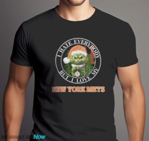 Green Cat With Santa Hat I Hate Everybody But I Love New York Mets Christmas T-shirt - Men Black T-Shirt