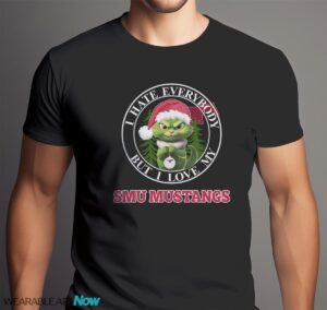 Green Cat With Santa Hat I Hate Everybody But I Love SMU Mustangs Christmas T-shirt - Men Black T-Shirt