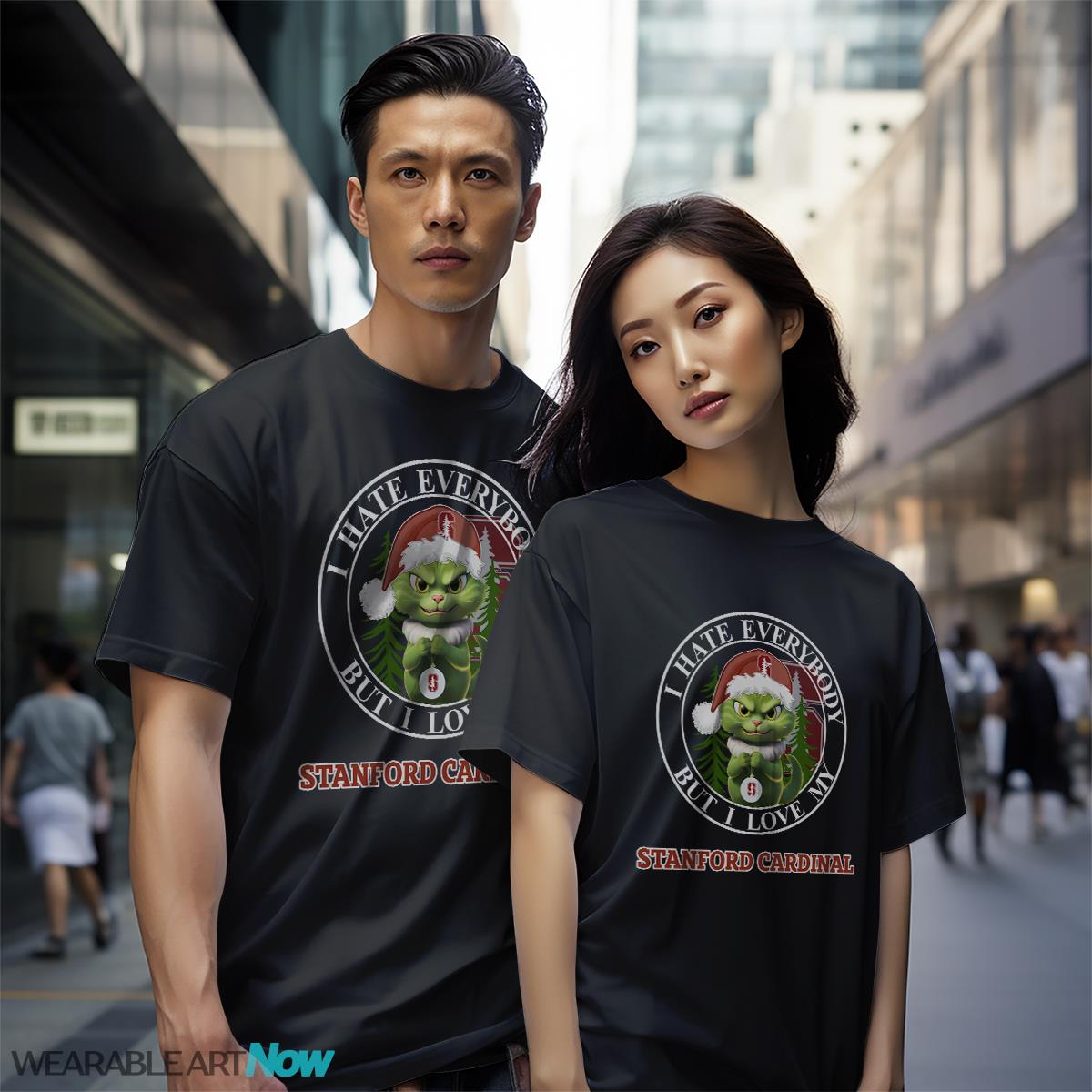 Green Cat With Santa Hat I Hate Everybody But I Love Stanford Cardinal Christmas T-shirt - Black Couple White T-Shirt