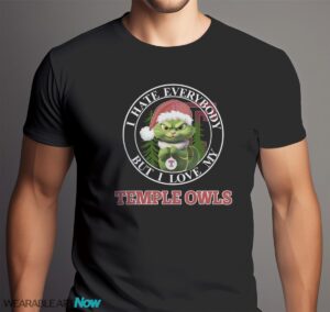 Green Cat With Santa Hat I Hate Everybody But I Love Temple Owls Christmas T-shirt - Men Black T-Shirt