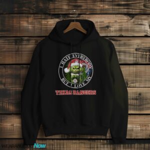 Green Cat With Santa Hat I Hate Everybody But I Love Texas Rangers Christmas T-shirt - Black Hoodie