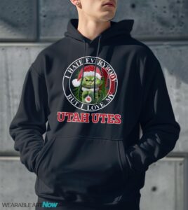 Green Cat With Santa Hat I Hate Everybody But I Love Utah Utes Christmas T-shirt - Men Black Hoodie