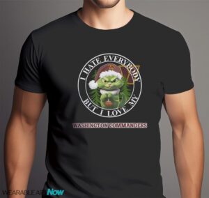 Green Cat With Santa Hat I Hate Everybody But I Love Washington Commanders Christmas T-shirt - Men Black T-Shirt