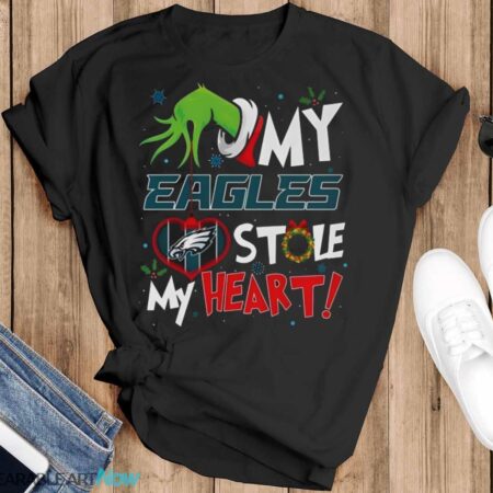 Grinch Hand My Philadelphia Eagles Stole My Heart Christmas Shirt Graphic - Black T-Shirt