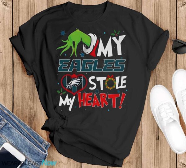 Grinch Hand My Philadelphia Eagles Stole My Heart Christmas Shirt Graphic - Black T-Shirt