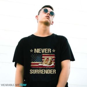 Never Surrender Gold Sneakers Pro Trump 2024 Shirt - G500 Gildan T-Shirt