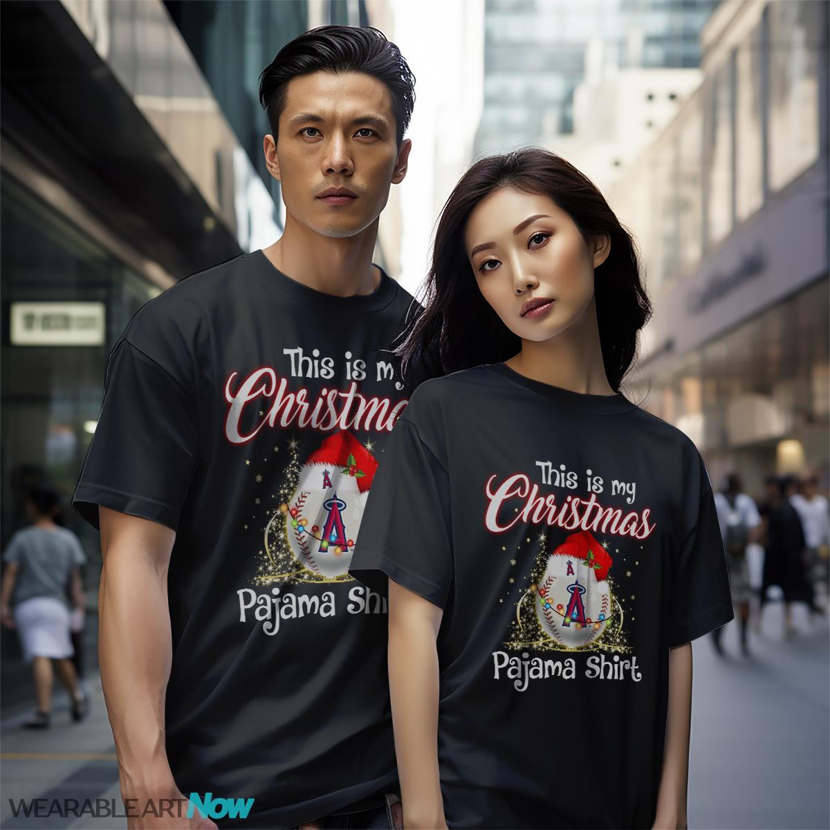 Shirt 4 Sport Teams Fan This Is My Christmas Los Angeles Angels Pajamas Shirt - Black Couple White T-Shirt