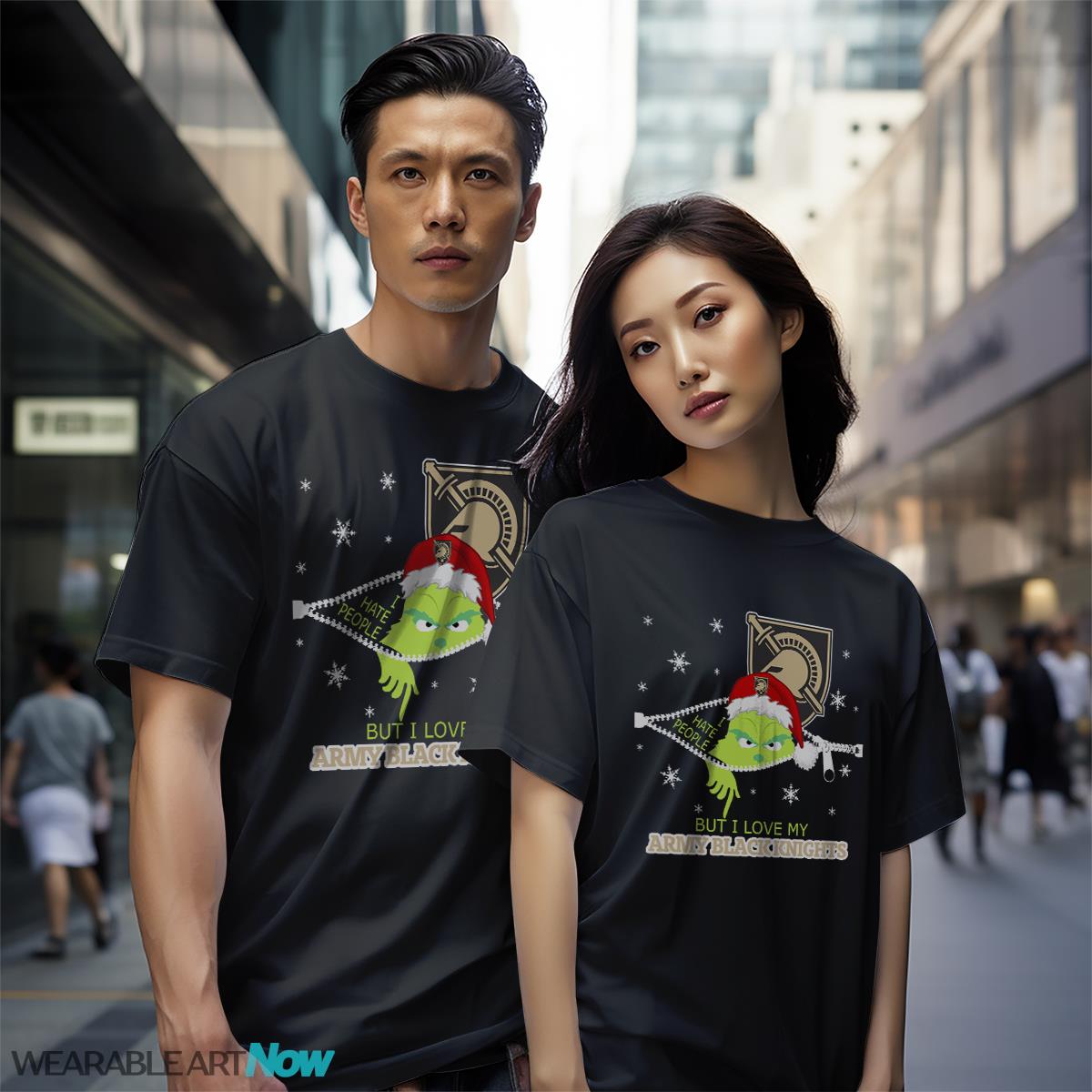 The Grinch I Hate People But I Love Army Black Knights Christmas T-shirt - Black Couple White T-Shirt