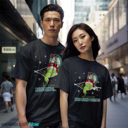 The Grinch I Hate People But I Love Boston Celtics Christmas T-shirt - Black Couple White T-Shirt