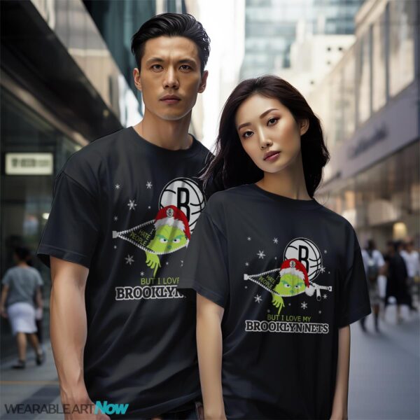 The Grinch I Hate People But I Love Brooklyn Nets Christmas T-shirt - Black Couple White T-Shirt