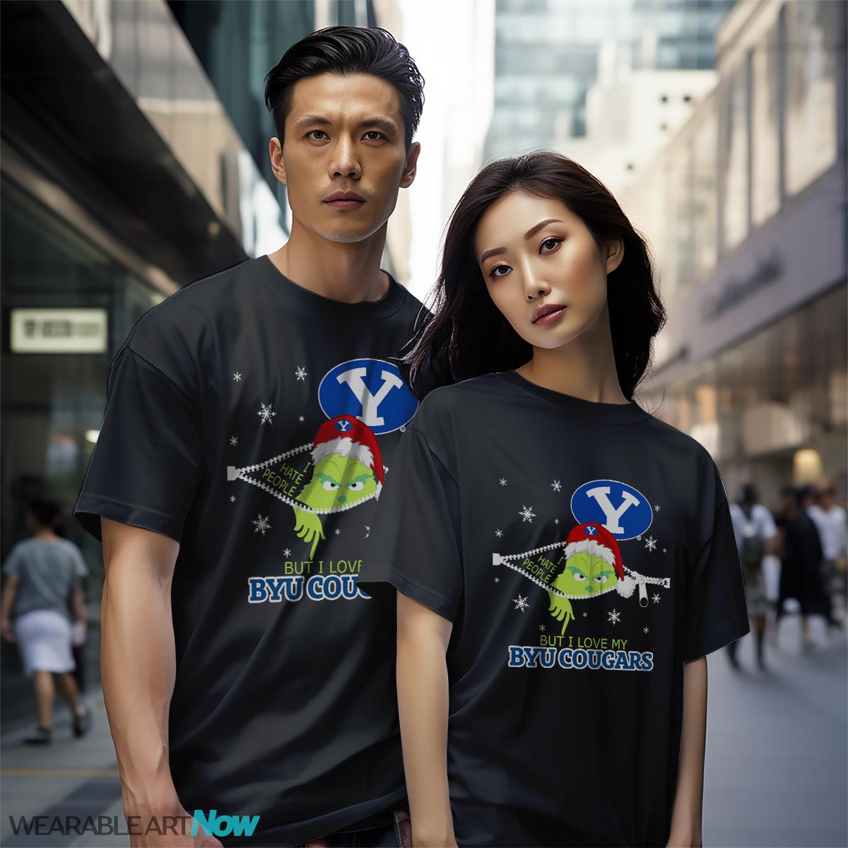 The Grinch I Hate People But I Love BYU Cougars Christmas T-shirt - Black Couple White T-Shirt