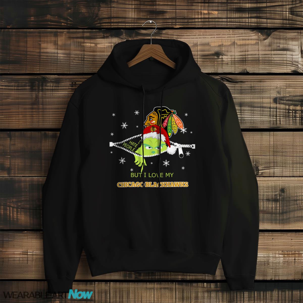 The Grinch I Hate People But I Love Chicago Blackhawks Christmas T-shirt - Black Hoodie