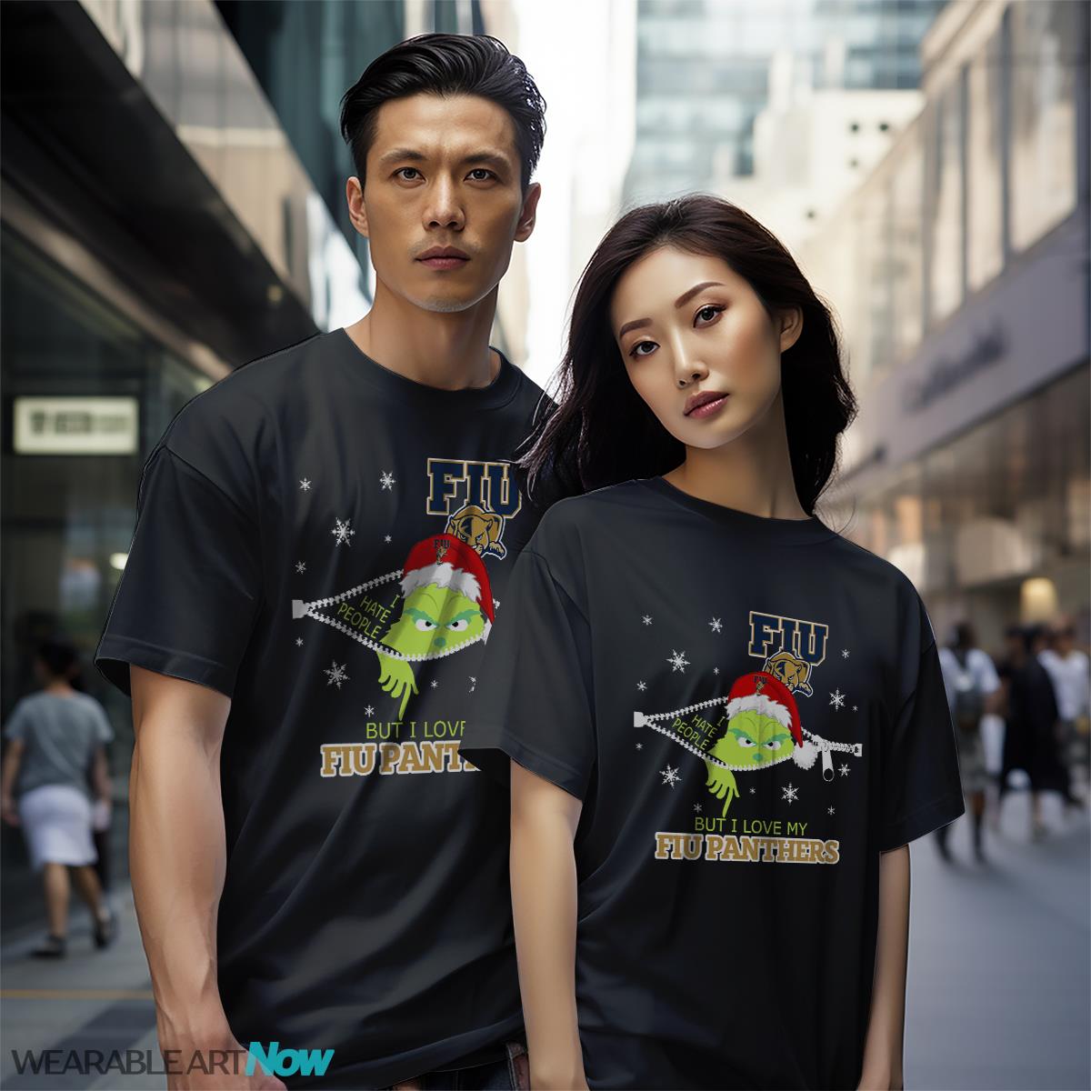 The Grinch I Hate People But I Love FIU Panthers Christmas T-shirt - Black Couple White T-Shirt