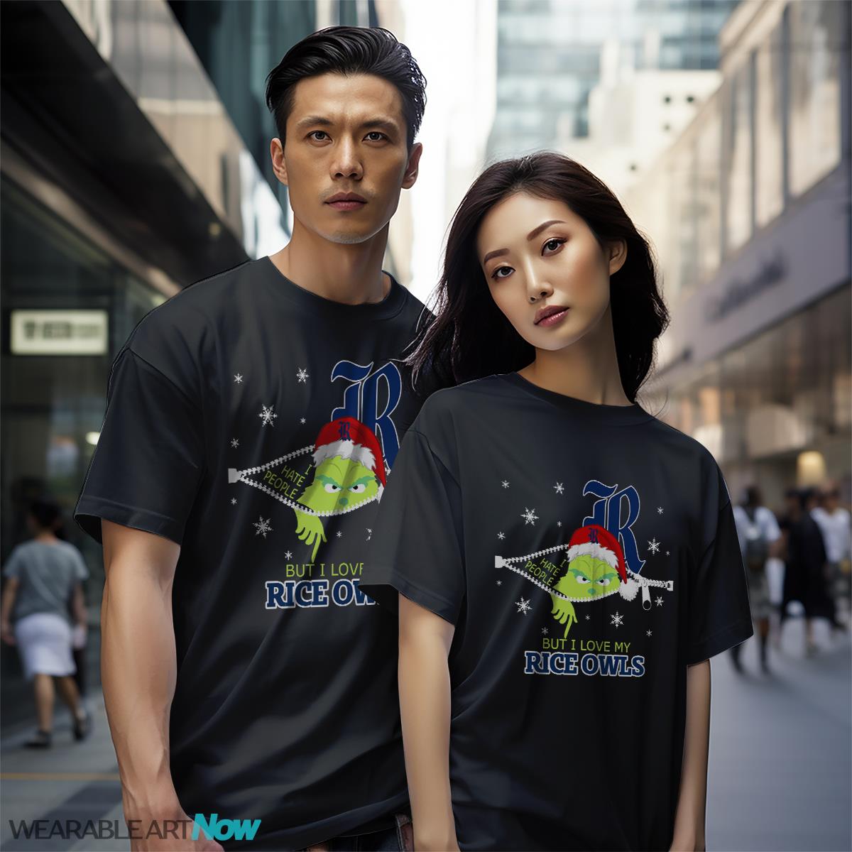 The Grinch I Hate People But I Love Rice Owls Christmas T-shirt - Black Couple White T-Shirt