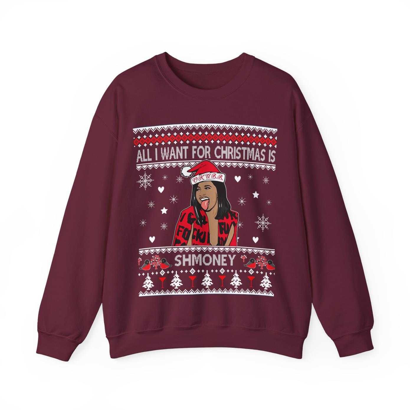 A Cardi B sweater, All I Want For Christmas Is Shmoney Sweatshirt Product Photo 2