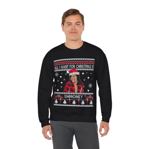 A Cardi B sweater, All I Want For Christmas Is Shmoney Sweatshirt Product Photo 1