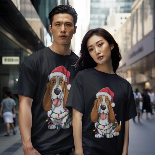 Basset Hound Santa Christmas Lights Dog Lover Xmas Shirt Gift - Black Couple White T-Shirt