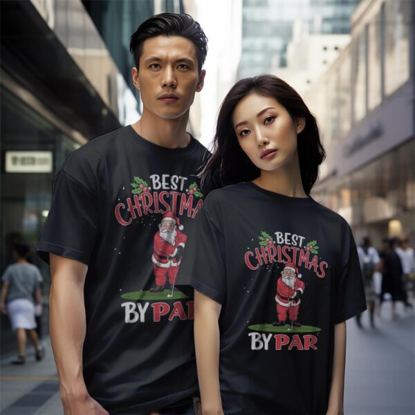 Best Christmas By Par Funny Christmas Santa Golf Player Shirt Gift - Black Couple White T-Shirt