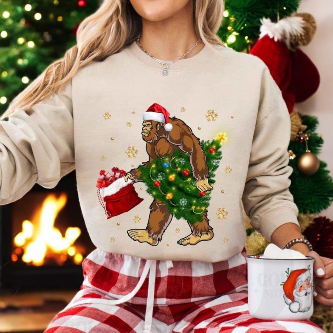 Bigfoot Santa Christmas Tree Sweatshirt Product Photo 2