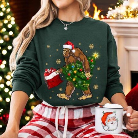 Bigfoot Santa Christmas Tree Sweatshirt Product Photo 1