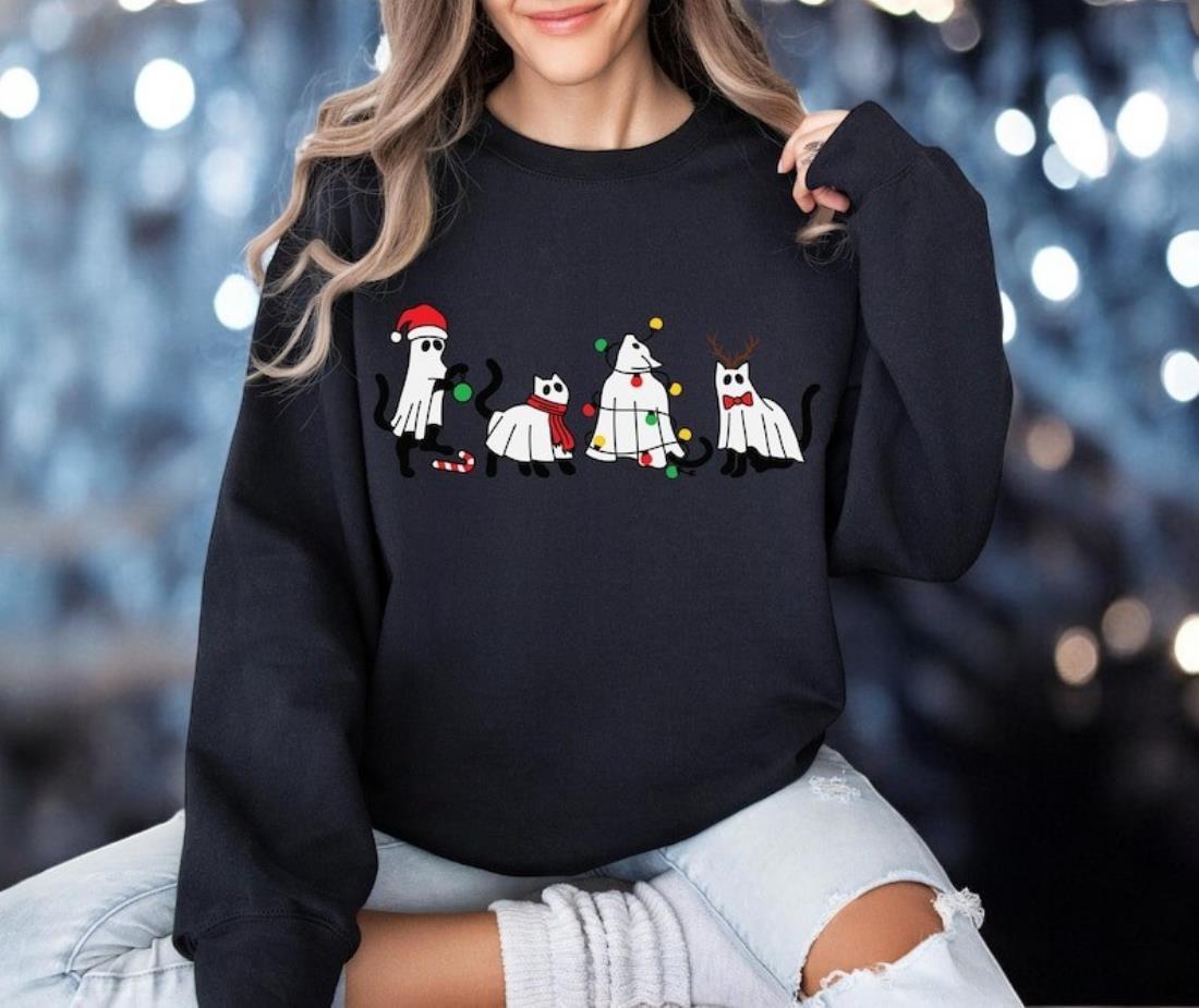 Black Cat Ghost Christmas Sweatshirt Product Photo 2